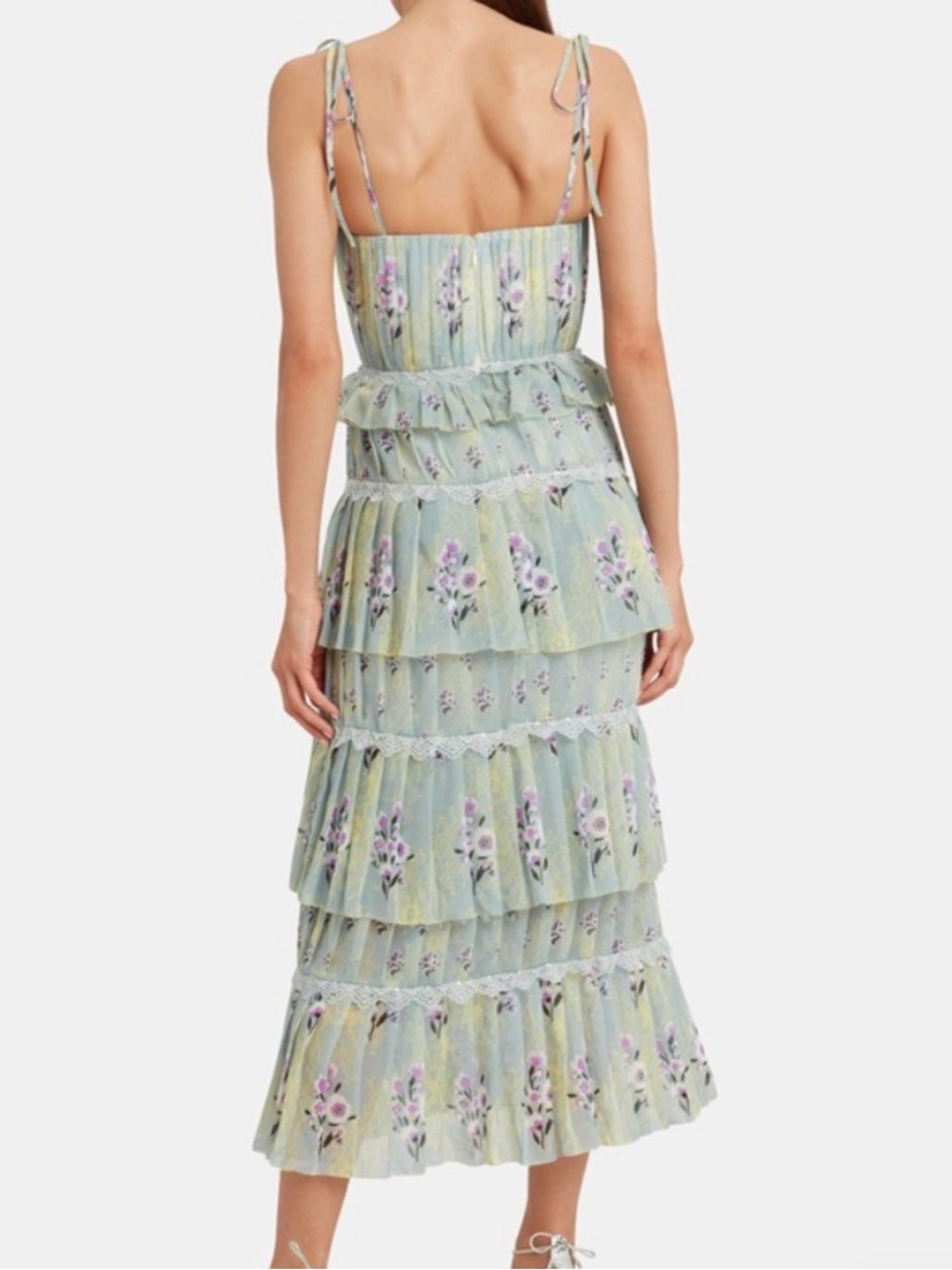 Self Portrait Tiered Midi Dress Floral Lace Printed Chiffon Mint Pastel 8 $495 - Picture 3 of 13
